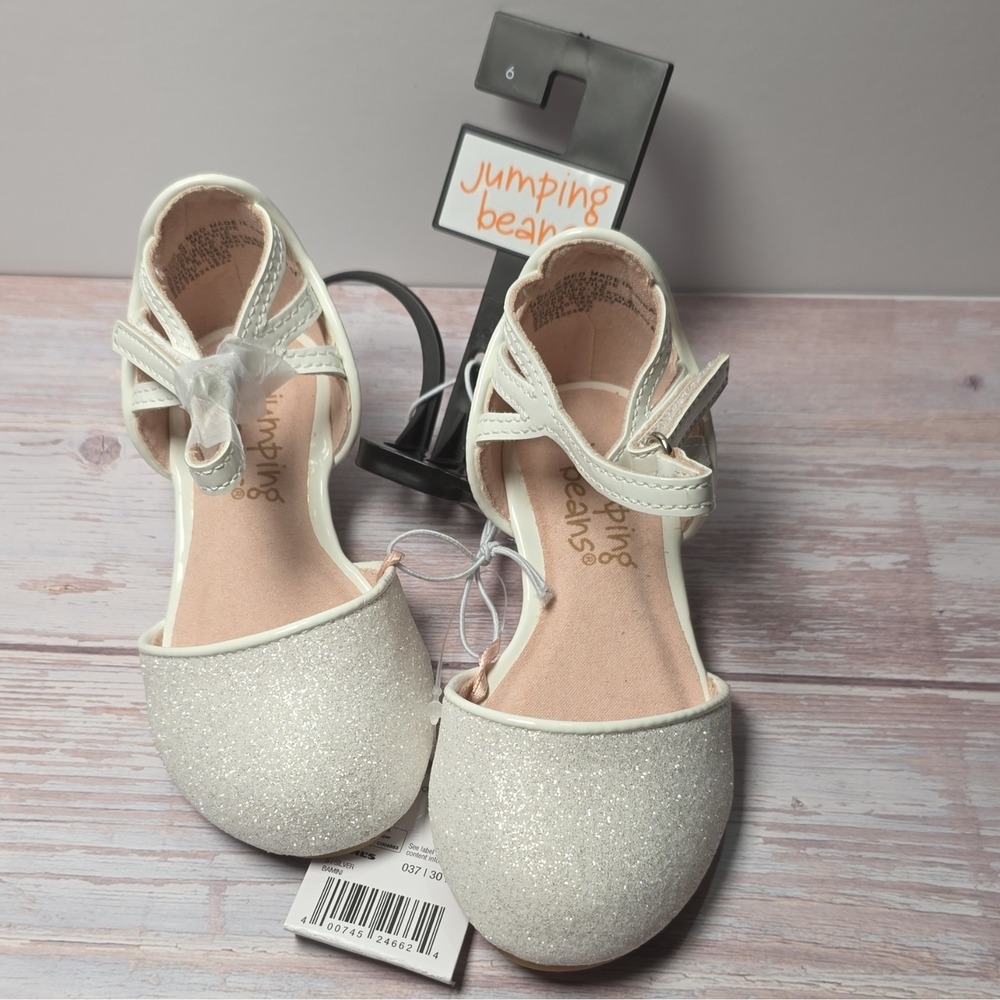 Jumping Beans Girls Mary Jane Dress Shoes Silver Glitter Hook & Loop US 6 M